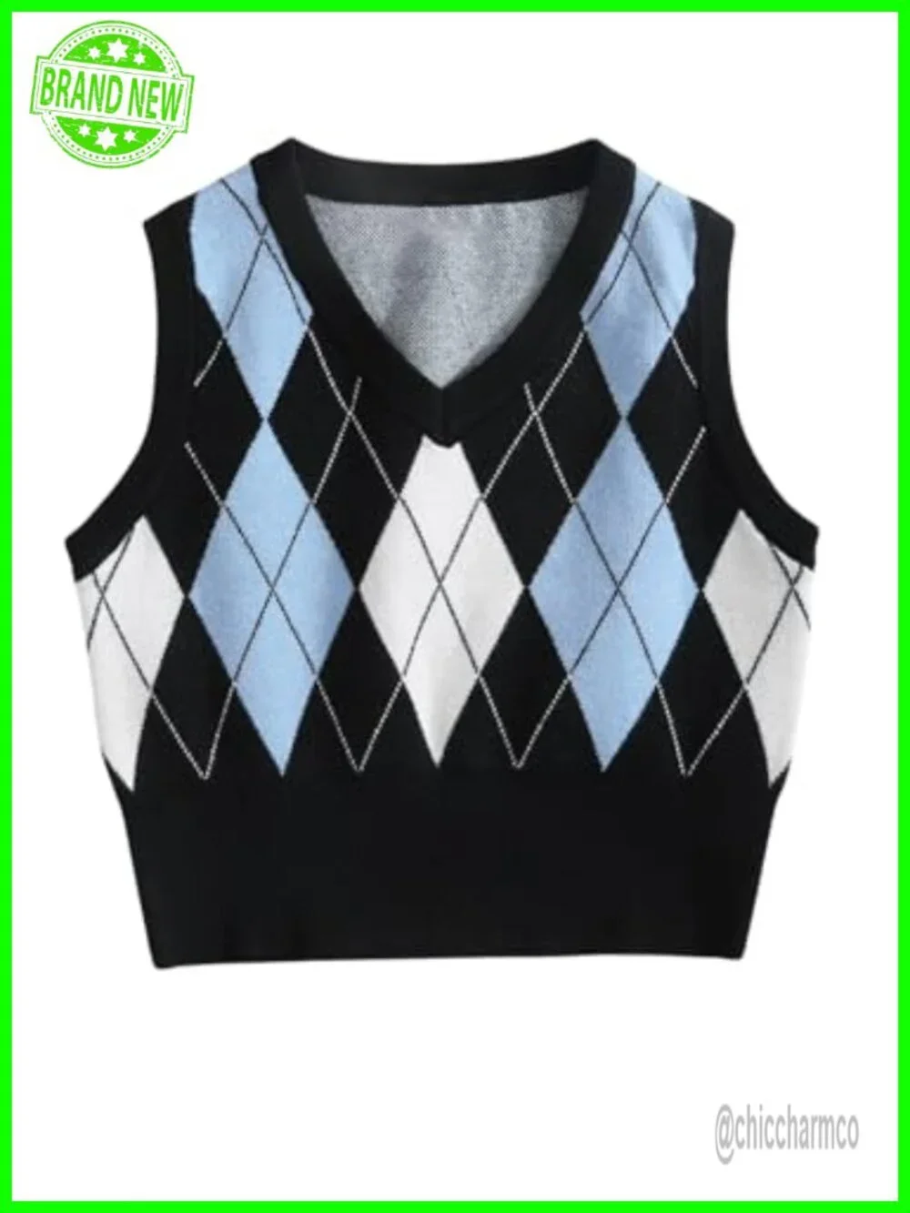 Argyle V-Neck Sleeveless Knitted Crop Sweater Vest - Geometric Pattern